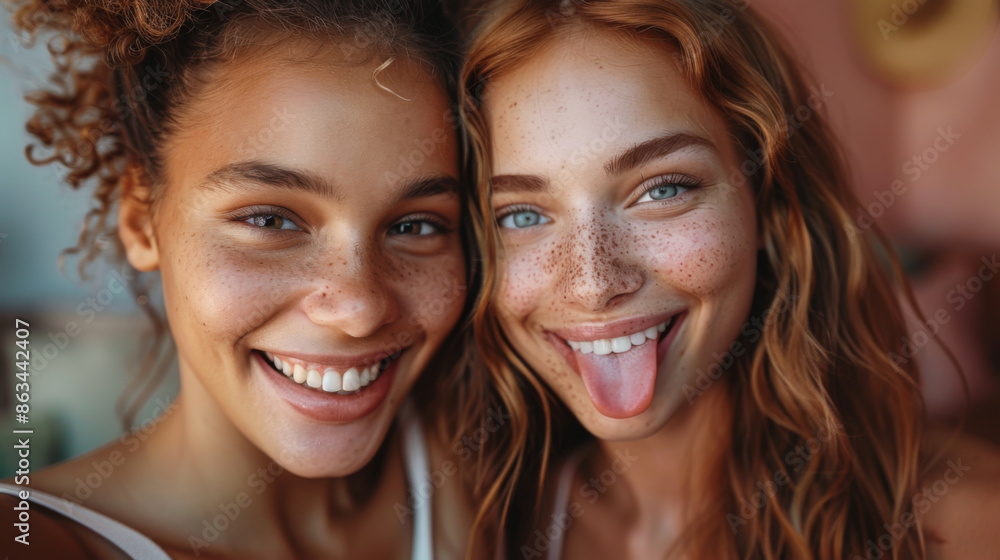 Cheerful young international women demonstrate peace gesture against pink studio background. African brunette in T-shirt, her tongue sticking out next to european model with long wavy red hair