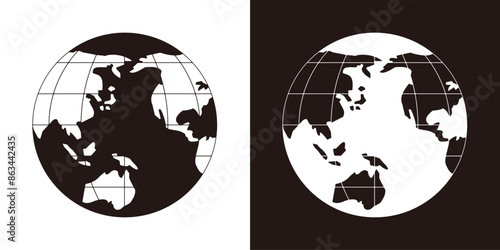 海が塗りつぶされた地球儀。背景が透明の世界地図。緯線と経線が入った太平洋を中心とした地球。