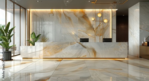 Modern Marble Hotel Lobby With Gold Accents and Plants