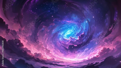 Shades of purple blue and pink intertwine in a hypnotizing pattern luring star gazers deeper into the heart of the swirling nebulae. photo