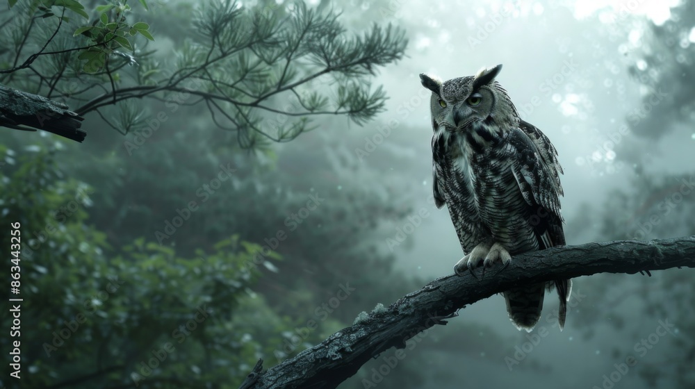 A large owl is perched on a tree branch in a forest A large owl is perched on a tree branch in a forest