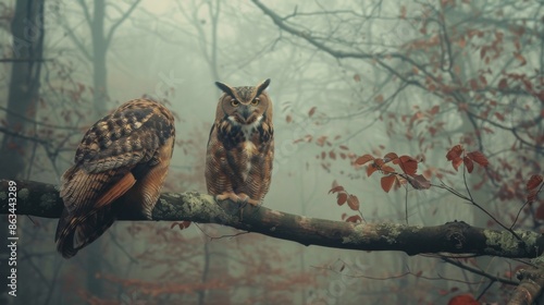 A large owl is perched on a tree branch in a forest photo