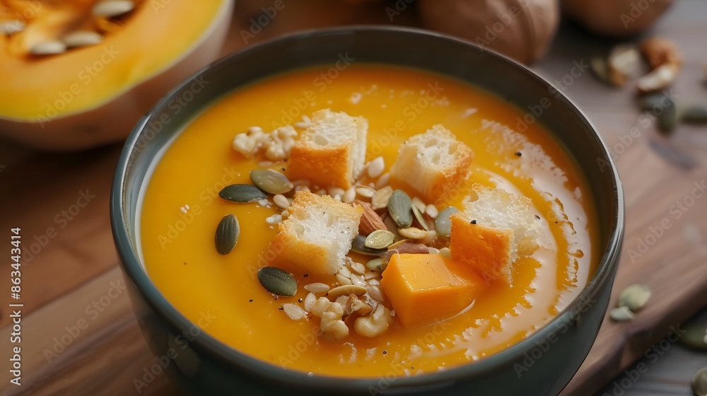 Tasty appetizing pumpkin soup with creamy silky texture decorated with seeds, nuts and croutons in camembert cheese for single serving. Tasty appetizing pumpkin soup with creamy silky texture decorated with seeds, nuts and croutons in camembert cheese for single serving.