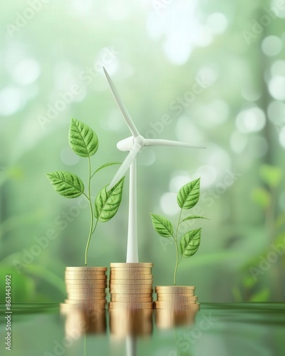 Green energy finance wallpaper, featuring icons of solar and wind power alongside financial graphs, blank areas for user content, designed for a modern look