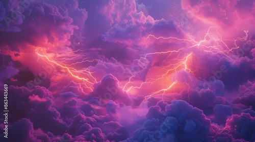 Intense lightning and storm in a vibrant color scheme of pink and orange, with cloudcore elements. photo