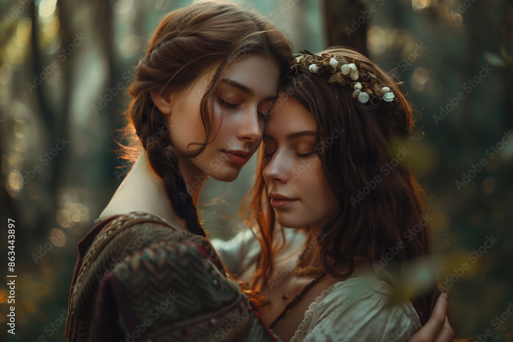 Fototapeta premium Happy Lesbian Queer Medieval Woman Couple, in Love Embracing in the Forest Woods, Romantic Relationship Fantasy Concept