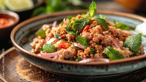 Close-up of savory larb plate with minced chicken, toasted rice powder, mint leaves, shallots, lime dressing on rustic wooden table in cozy restaurant photo