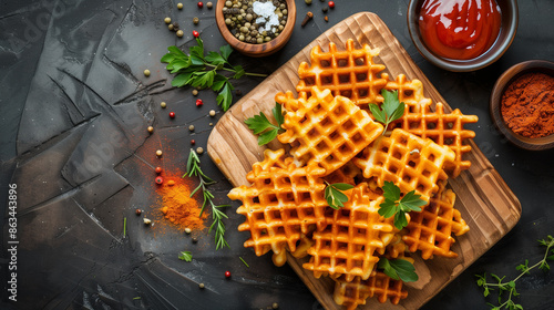 waffle fries with spices and herbs on wooden board  photo