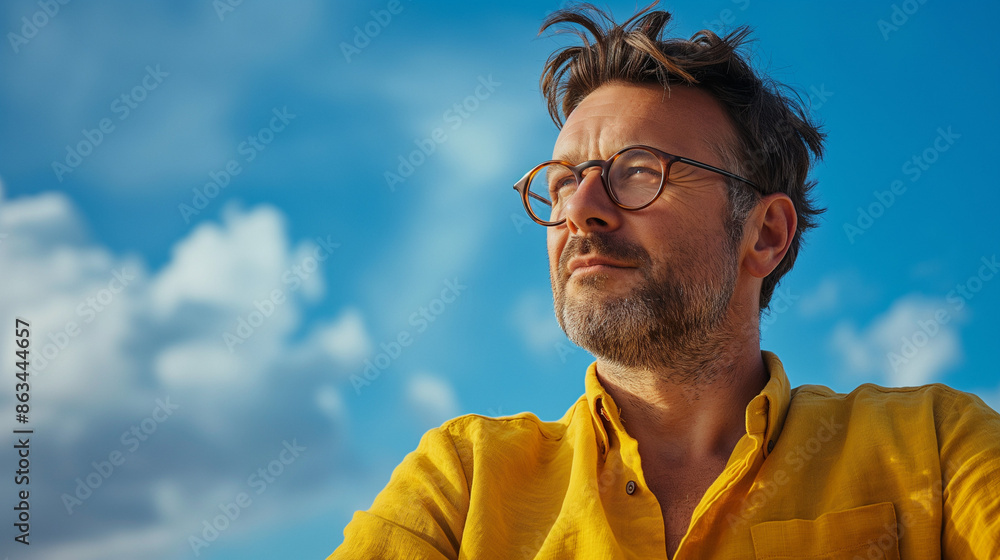 Man in glasses and yellow shirt looking up outdoors. Man in glasses and yellow shirt looking up outdoors.