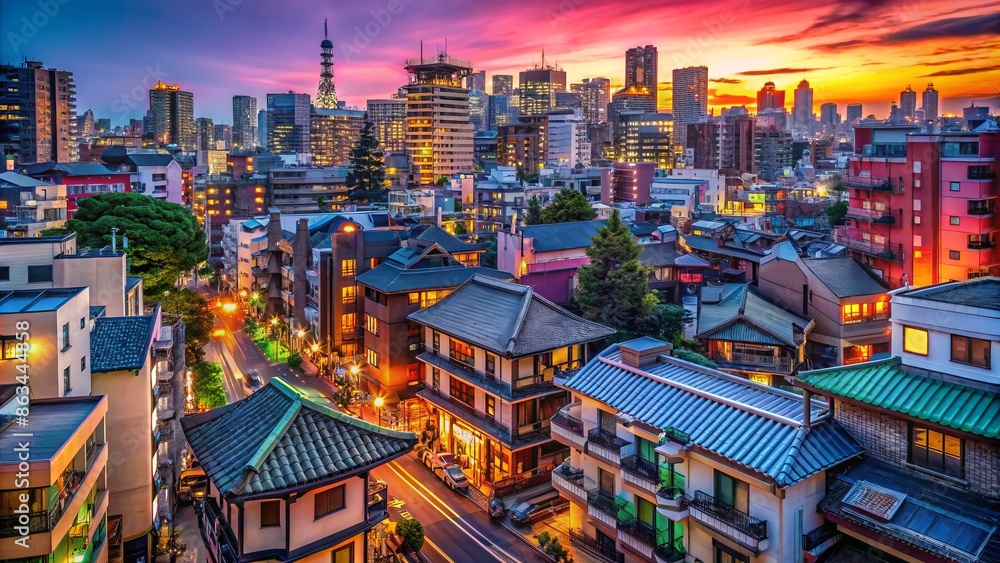 Obraz premium Vibrant evening scene of tokyo cityscape with cozy lofi asian architecture, colorful neon lights, serene streets lined with tranquil houses, exuding a peaceful ambiance in stunning 4k resolution.