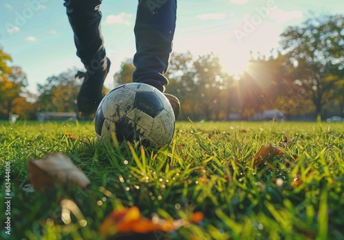 Soccer Player Kicking a Ball on a Sunny Autumn Day
