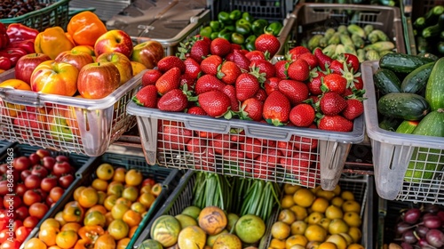 Baskets with apples, strawberries, and other vegetables and fruits at a market.