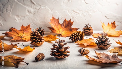 Autumnal still life featuring scattered dried leaves and pinecones arranged artfully on a clean, minimalist background, evoking a serene and contemplative atmosphere. photo