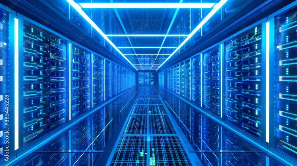 Fototapeta premium Modern Data Center with Blue Neon Lights, Generative AI