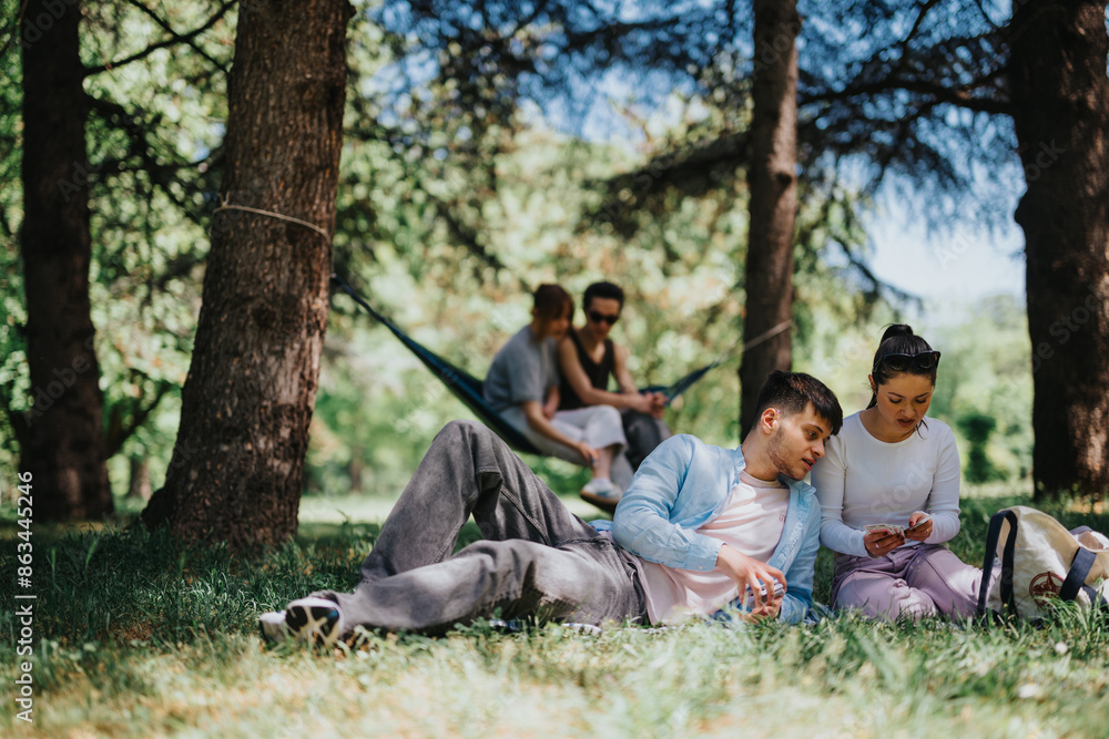 A group of young adults lounges on the grass in a park, with two focused on smart phones while others engage in conversation. A group of young adults lounges on the grass in a park, with two focused on smart phones while others engage in conversation.