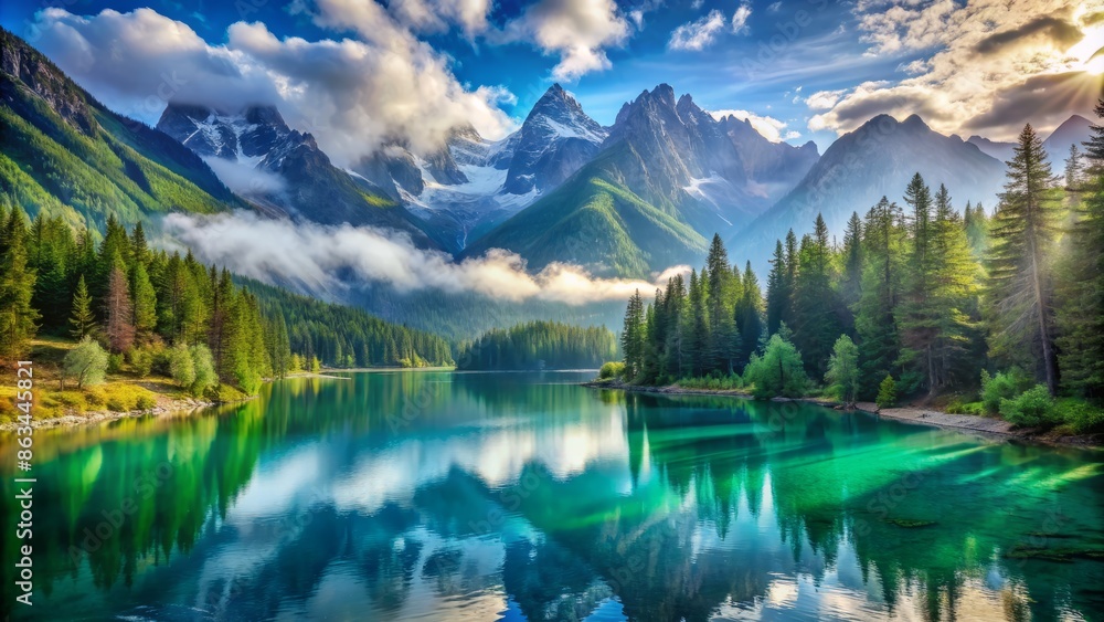 Breathtakingly serene hyper-realistic high-definition wallpaper featuring a majestic misty mountain range surrounded by tranquil turquoise lake and lush green forests under a vivid blue sky.