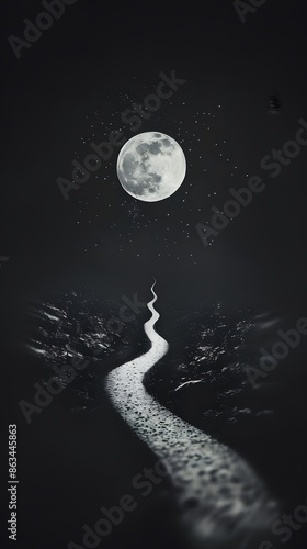 A winding path leads towards a large, full moon in a dark, nighttime sky. photo