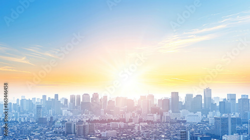 A city skyline with a bright sun shining over it. The sun is the main focus of the image, and it creates a warm and inviting mood. The cityscape is bustling with activity