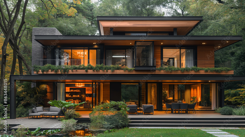 beautiful black and brown chalet house with modern design stands in a fir forest, daytime, real photo, detailed, ultra high resolution, beautiful black and brown chalet house with modern design stands in a fir forest, daytime, real photo, detailed, ultra high resolution,