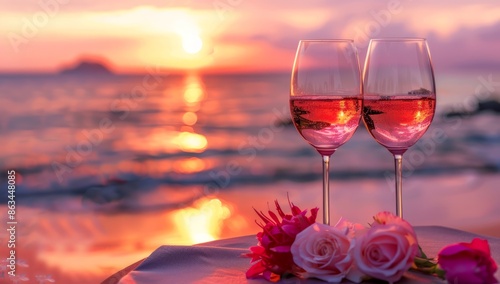 Two glasses of rose wine on the table in front of the sea at sunset. Selective focus.