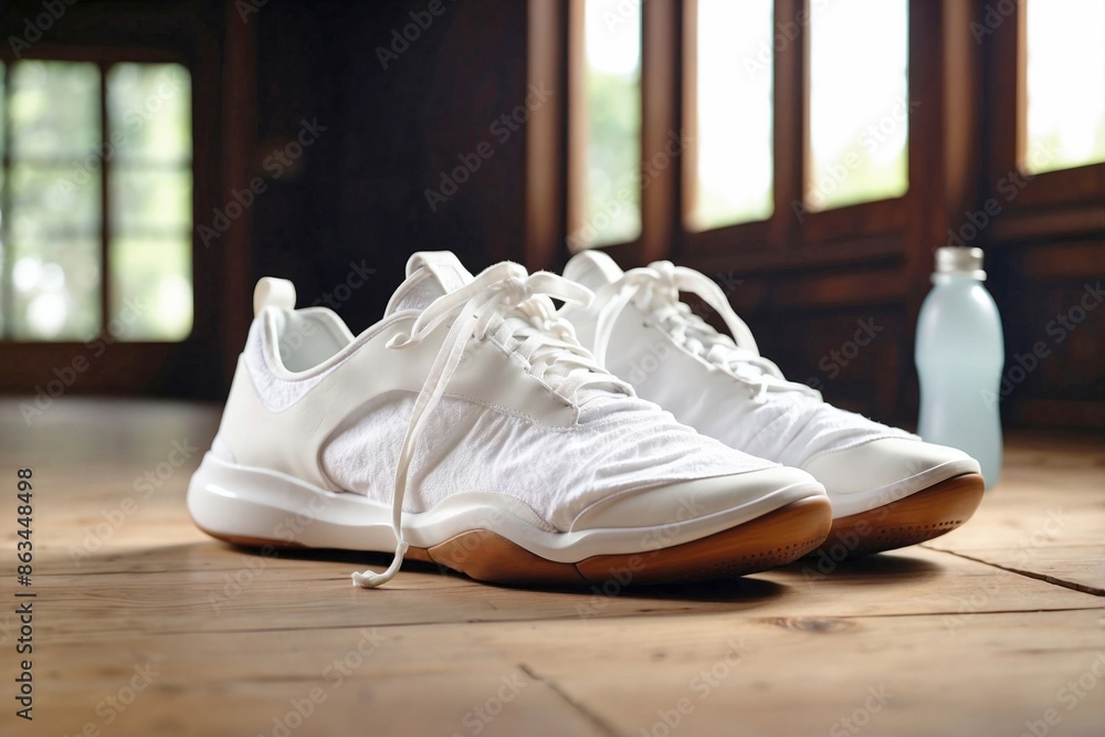 Training Shoes: White training shoes on a wooden gym floor background. Training Shoes: White training shoes on a wooden gym floor background.