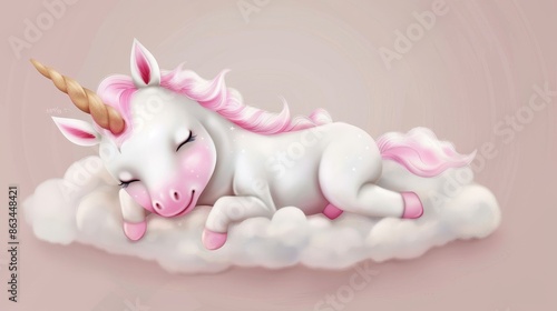 Newborn unicorn lying on cloud in hyperrealism style