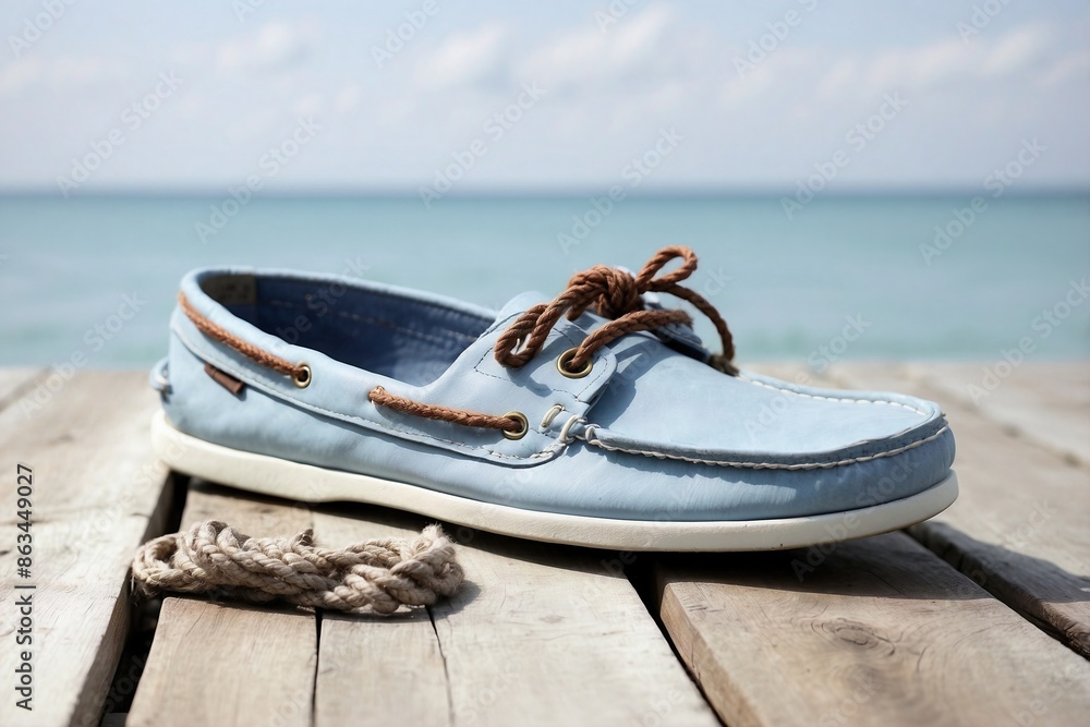 Obraz premium Boat Shoes: Light blue boat shoes on a whitewashed wooden deck background.
