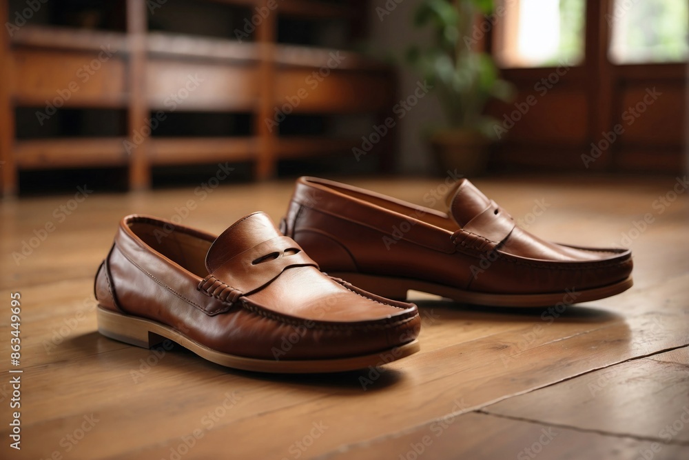 Loafers Shoes: A pair of brown leather loafers placed on a wooden floor. Loafers Shoes: A pair of brown leather loafers placed on a wooden floor.