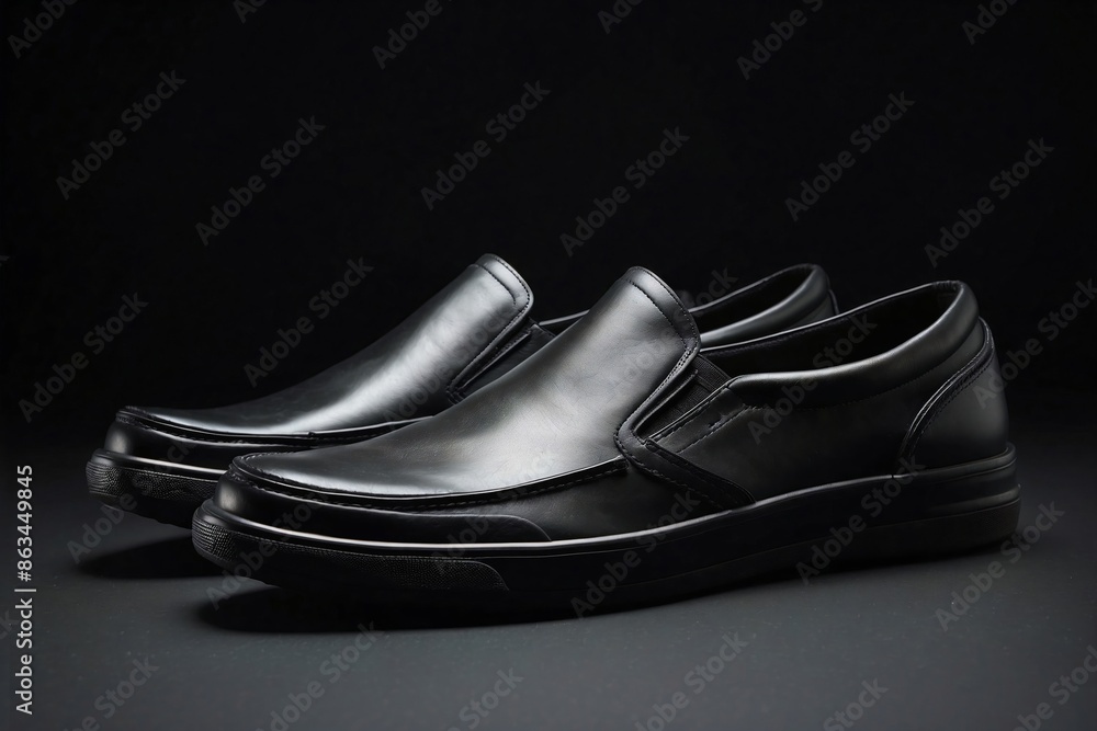 Slip-ons Shoes: Black slip-ons on a matte black background. Slip-ons Shoes: Black slip-ons on a matte black background.