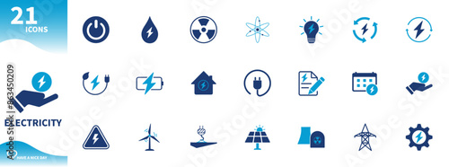 Electricity icon. Set of icons for renewable energy, nuclear power, notes, settings, lightning,...