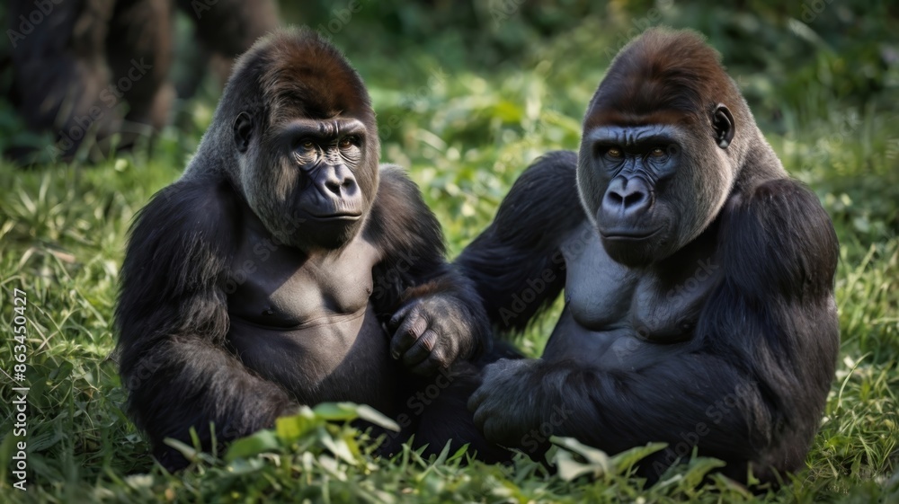 a heartwarming image of a gorilla family, focusing on the adult gorilla carrying its juvenile on its back a heartwarming image of a gorilla family, focusing on the adult gorilla carrying its juvenile on its back