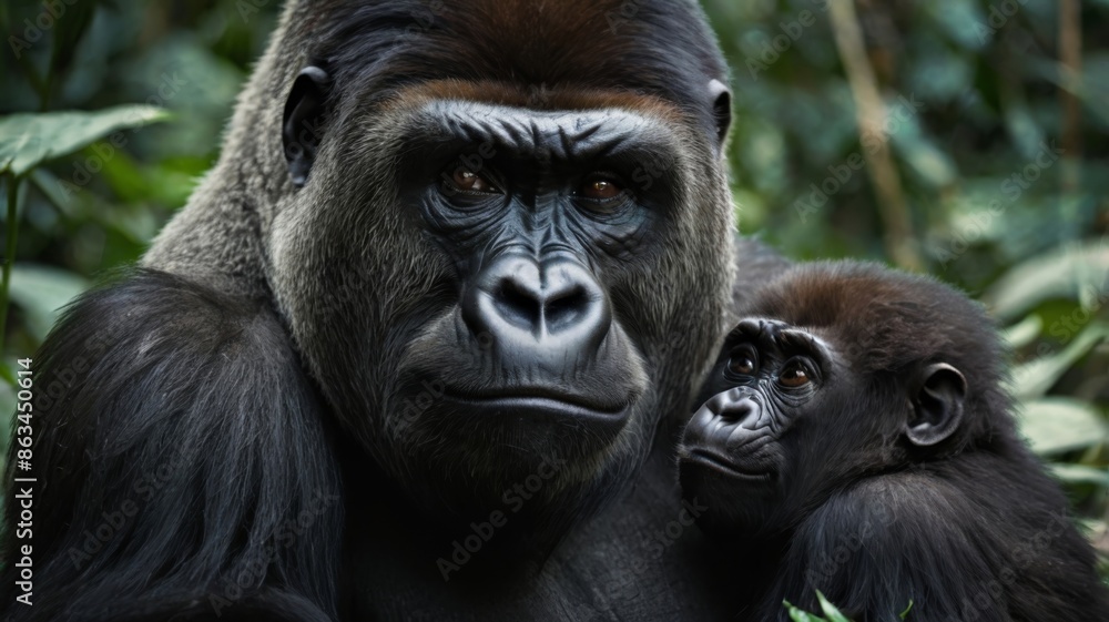 a heartwarming image of a gorilla family, focusing on the adult gorilla carrying its juvenile on its back a heartwarming image of a gorilla family, focusing on the adult gorilla carrying its juvenile on its back