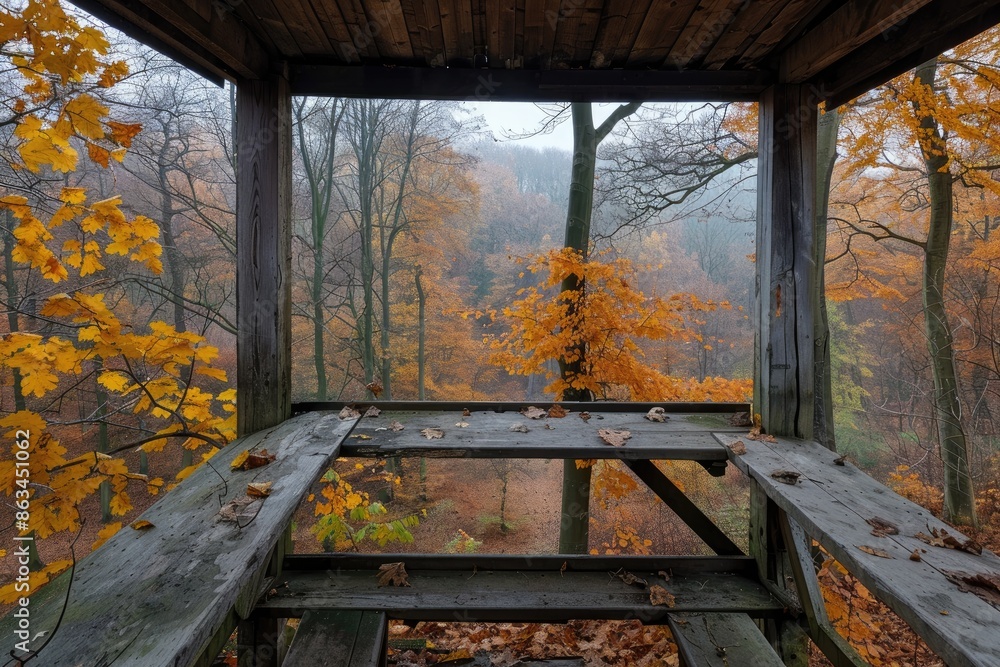 Obraz premium A wooden bench is in the middle of a forest with leaves on the ground. The bench is empty and the leaves are scattered around it