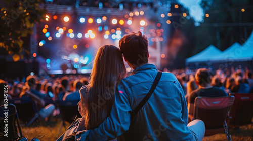 Couple Sharing a Romantic Moment at an Outdoor Music Festival at Dusk