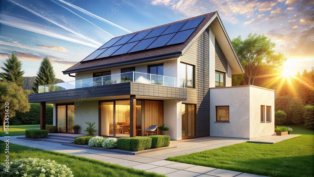 of a modern house with solar panels , eco-friendly, renewable energy of a modern house with solar panels , eco-friendly, renewable energy