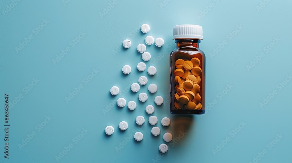 A bottle of pills is on a blue background. The pills are white and orange. A bottle of pills is on a blue background. The pills are white and orange.