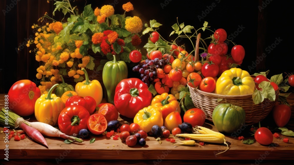 tomatoes, peppers, apples, and berries, tomatoes, peppers, apples, and berries,