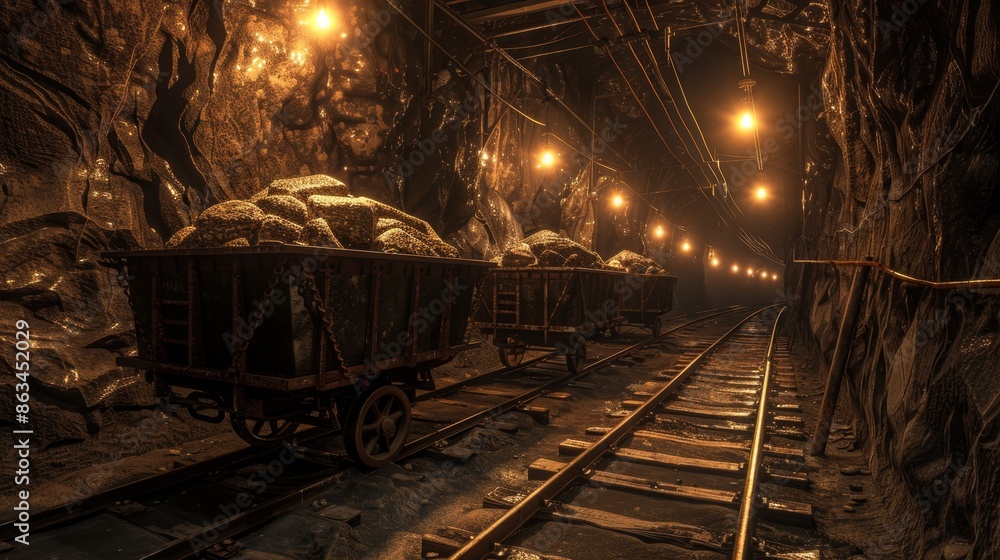 Naklejka premium Underground Mine with Rail Carts Carrying Ore, Generative AI