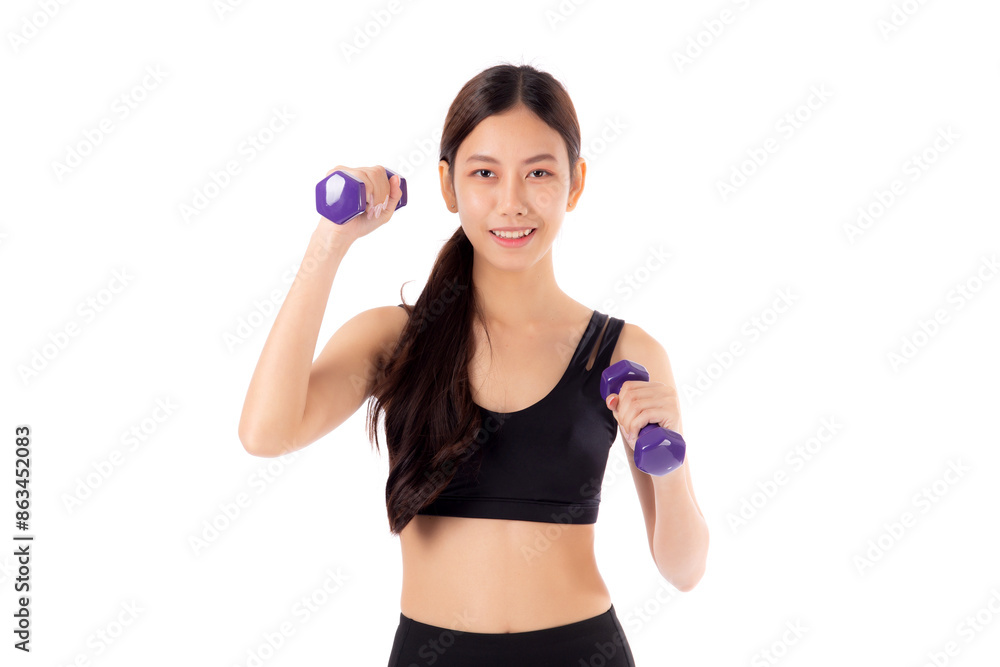 Portrait beautiful young asian woman lifting dumbbell isolated on white background, female fitness workout training with holding dumbbell for muscle strong and strength, sport and health care concept. Portrait beautiful young asian woman lifting dumbbell isolated on white background, female fitness workout training with holding dumbbell for muscle strong and strength, sport and health care concept.