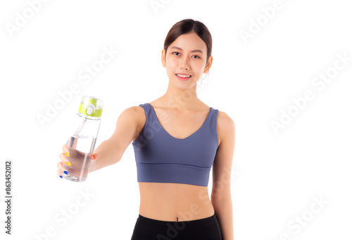 Fit portrait young asian woman smile taking a break from workout holding a clear water bottle isolated white background, active woman resting with water bottle, sport for health care. © N_studio