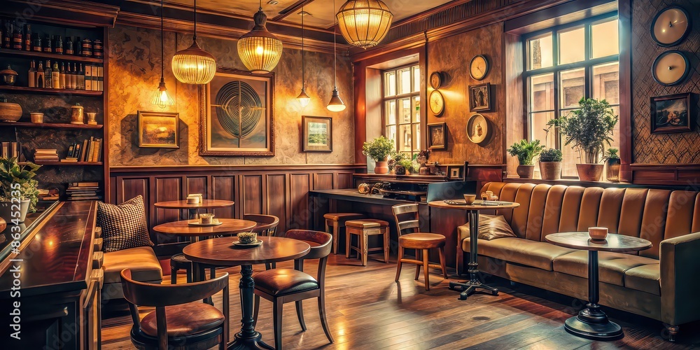 Retro style cafe with a warm, inviting atmosphere. Vintage-inspired decor featuring old-fashioned furniture and soft lighting Retro style cafe with a warm, inviting atmosphere. Vintage-inspired decor featuring old-fashioned furniture and soft lighting