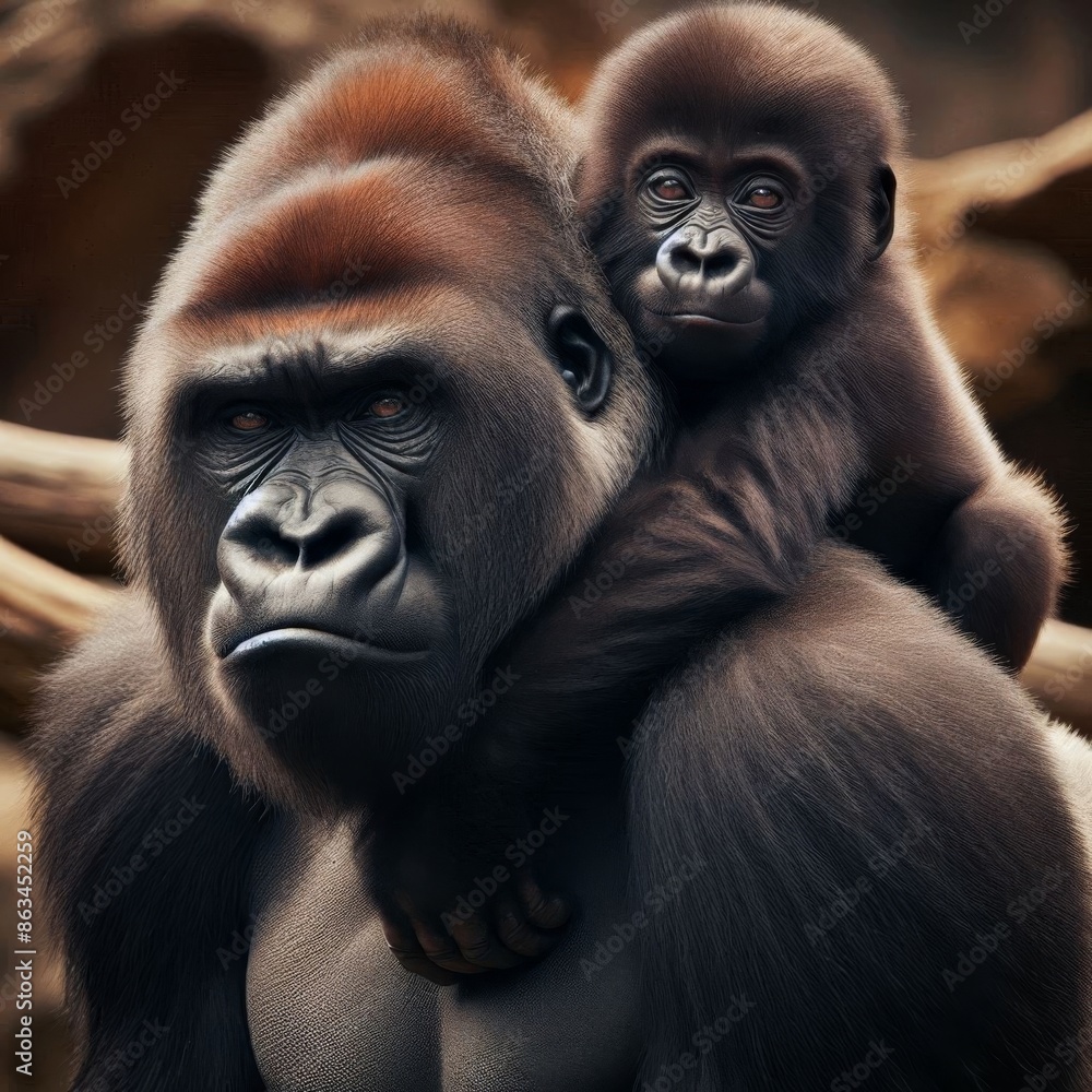 a heartwarming image of a gorilla family, focusing on the adult gorilla carrying its juvenile on its back a heartwarming image of a gorilla family, focusing on the adult gorilla carrying its juvenile on its back