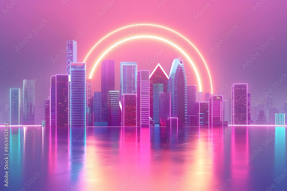 Synthwave cityscape with an LED light sign, glowing in vibrant neon colors., isolated white background, Retro 80s synthwave, Photo stock style, clean background, no copyrighted logo, no letters Synthwave cityscape with an LED light sign, glowing in vibrant neon colors., isolated white background, Retro 80s synthwave, Photo stock style, clean background, no copyrighted logo, no letters