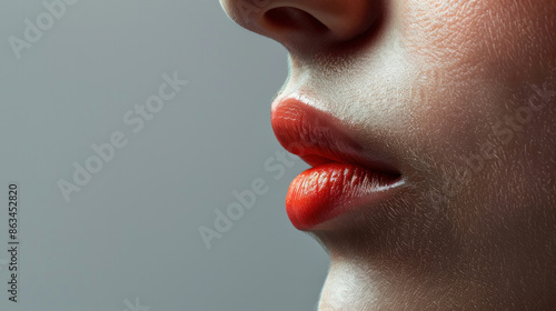 A woman's lips are painted red. The lips are not natural, but rather painted photo