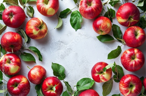 Red Apples and Green Leaves Arranged in a Circle on White Background