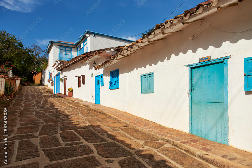 Colonial cobbled street of Barichara, the most beautiful village in Colombia. Colonial cobbled street of Barichara, the most beautiful village in Colombia.