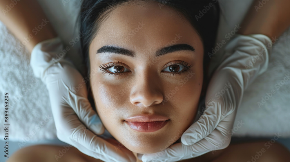 A woman is getting her face done by a beautician. She is smiling and looking at the camera A woman is getting her face done by a beautician. She is smiling and looking at the camera