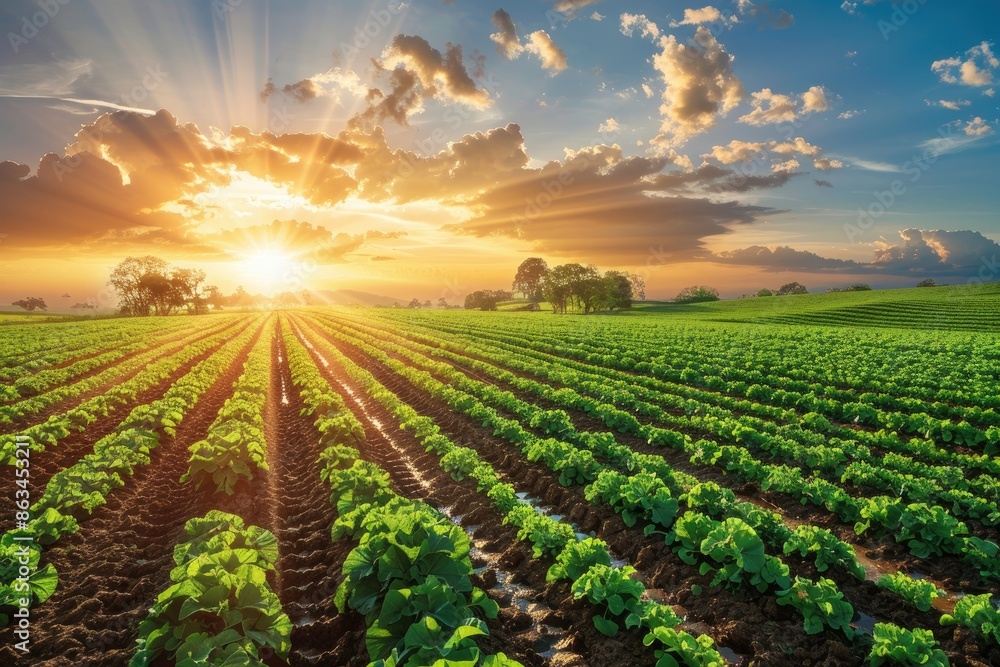 A field of green crops with the sun shining on them. The sky is cloudy and the sun is setting A field of green crops with the sun shining on them. The sky is cloudy and the sun is setting