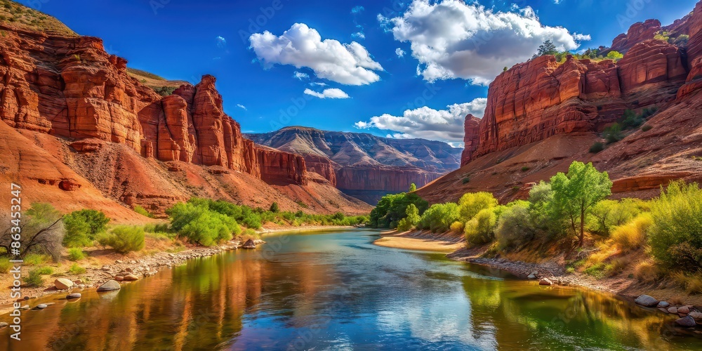 of a red rock canyon with a river under a clear blue sky, red rock canyon, river, blue sky,nature, landscape, scenic