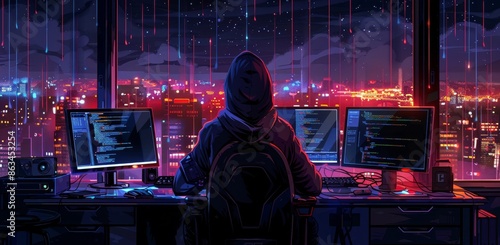Hooded Figure Working on Computer in a City at Night